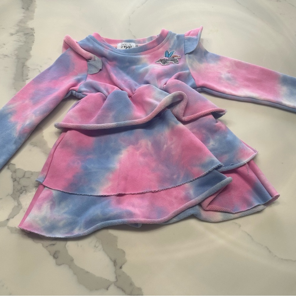 Lola + The Boys Pink and Blue Tie-Dye Dress with Unicorn Patch
